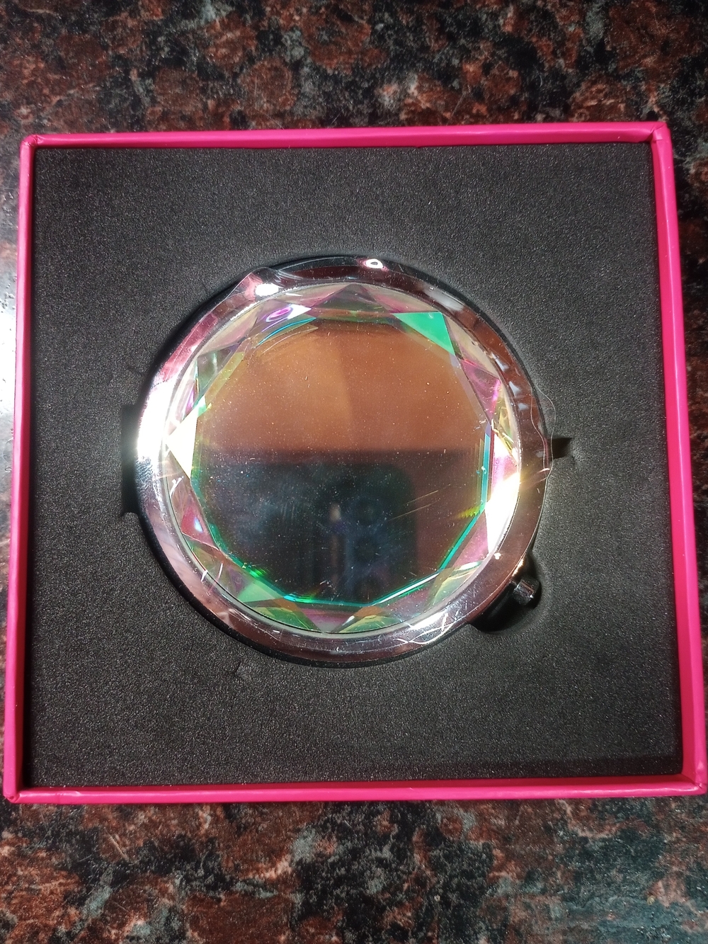 Nordstrom Iridescent Crystal Compact Mirror with Pink Trim